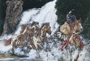 Indian riding horse with three horses following and large grizzly in background
